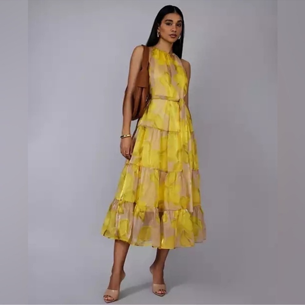 BCBG Yellow and Pink Tiered Midi Dress